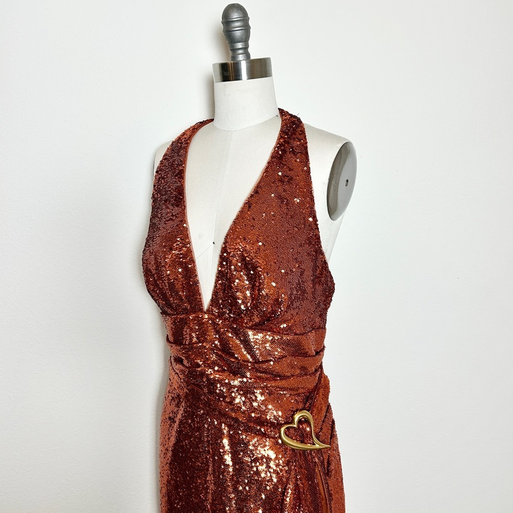 NWT Halston Copper Sequin Halter V Gown Dress Heart Buckle Sleeveless Size 14 - Picture 2 of 13